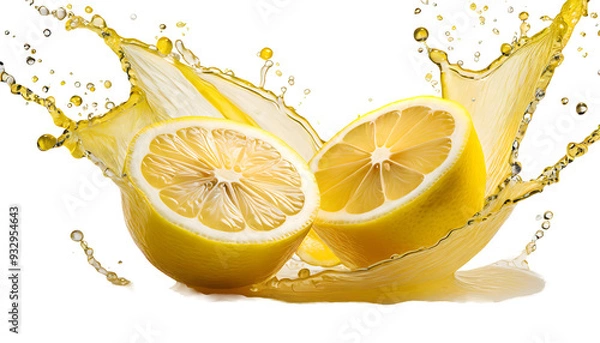 Obraz Cut lemon for two parts with splashing juice on a white isolated background. Generative AI.