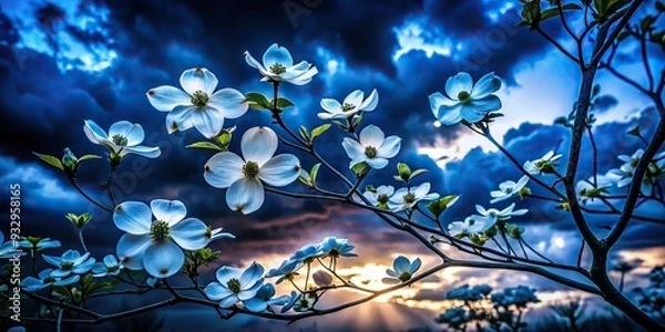 Obraz Moody Drama Dogwood Silhouettes Gloomy Twilight Sky Rich Deep Blues Dark Shadows Sharp Contrast Dramatic Lighting Bold Composition