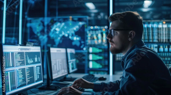 Fototapeta Focused data analyst working on multiple screens in modern office environment, displaying graphs and data visualizations. 