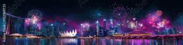 Fototapeta Vibrant Singapore National Day Celebration: Watercolor Cityscape with Fireworks. Abstract 2025 Festive Illustration for Marketing, UI, and Posters. Elegant Minimalist Design with Gradient Texture. AI-