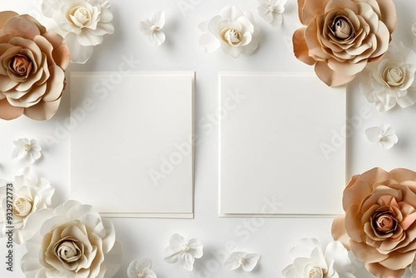 Fototapeta mock up card simple and elegant design featuring two white rectangular frames with floral elements.