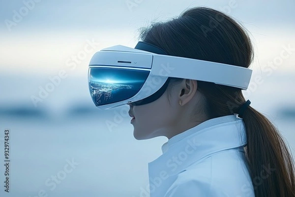 Obraz Profile of a woman with a futuristic VR headset highlighting the sleek design and advanced technology that defines the future of immersive experiences and cutting edge virtual realities