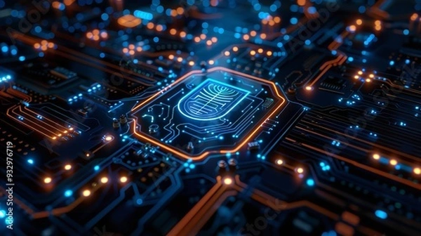 Obraz a close up of a circuit board with shield icon