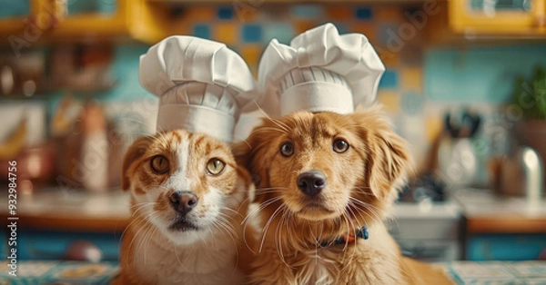 Fototapeta Close up cat and dog with chef hat in a kitchen with colorful walls. Generative AI.