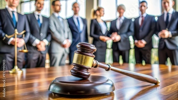 Fototapeta Judge gavel with Justice lawyers having team meeting at law firm background. Concepts of Law and Legal services
