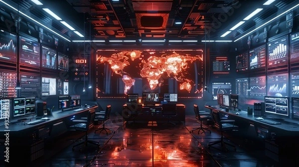 Fototapeta A technologically advanced computer room with neon lighting and presenting a world map