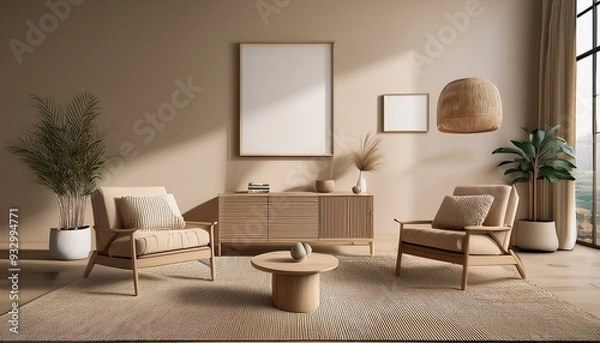 Fototapeta Beige living room interior with armchairs and drawer, mock up gallery posters. Generative AI