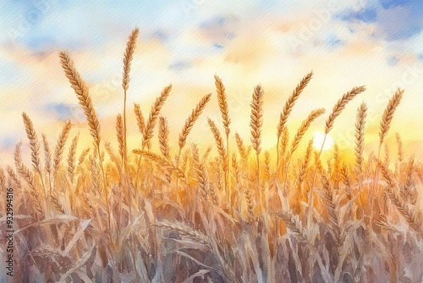 Fototapeta Golden wheat fields sway gently under a vibrant sunset sky, capturing the essence of nature's beauty and agricultural abundance.