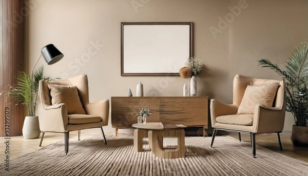 Fototapeta Beige living room interior with armchairs and drawer, mock up gallery posters. Generative AI