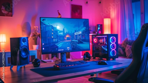 Fototapeta Powerful Personal Computer Gamer Rig with First-Person Shooter Game on Screen. Monitor Stands on the Table at Home