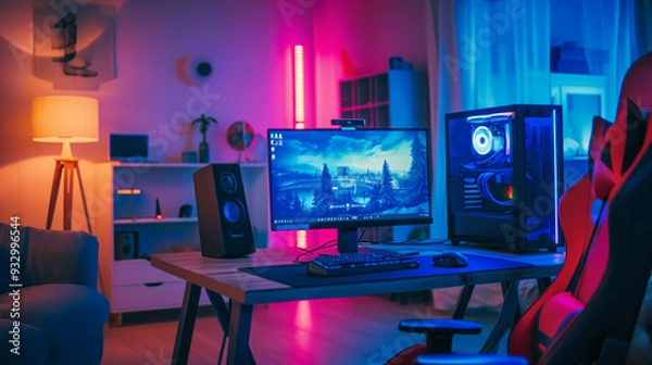 Fototapeta Powerful Personal Computer Gamer Rig with First-Person Shooter Game on Screen. Monitor Stands on the Table at Home