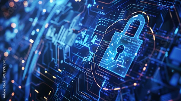 Fototapeta Futuristic digital shield symbolizing advanced cybersecurity in a modern business landscape with interconnected networks, glowing circuits, and a high-tech cityscape backdrop, emphasizing protection