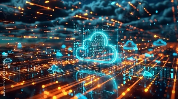 Fototapeta Cloud Computing Digital Information Data Center Technology. Computer Information Storage. Cybersecurity 3d Illustration.