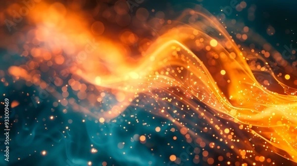 Fototapeta A vibrant abstract composition of swirling orange and blue waves, interspersed with sparkling particles that create a dynamic and energetic atmosphere, evoking a sense of movement and fluidity.

