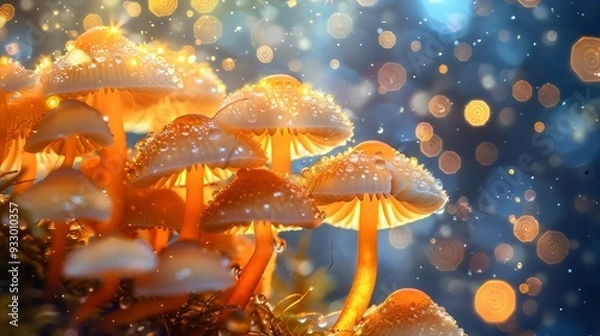 Fototapeta A magical close-up of glowing orange mushrooms surrounded by shimmering bokeh lights, creating an enchanting forest scene that captures the beauty and mystery of nature.

