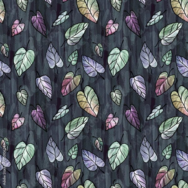 Fototapeta Seamless floral pattern, multi-colored distyas with a white outline on a dark background.
