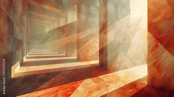 Fototapeta An intriguing abstract composition showcasing a series of illuminated corridors with warm tones and dynamic light rays. The interplay of shadows and colors creates a captivating atmosphere that invite