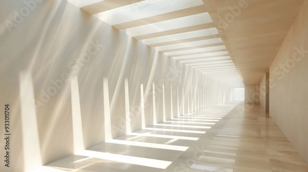 Fototapeta A striking architectural interior featuring a long, illuminated corridor with soft light streaming through the slats above. The minimalist design and gentle shadows create a serenity.