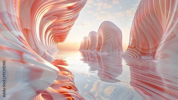Fototapeta A stunning surreal landscape featuring smooth, flowing formations in pastel colors reflecting on a calm water surface. The soft hues and gentle curves create a dreamlike atmosphere of tranquility and 