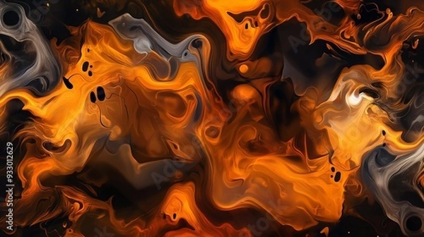 Fototapeta Abstract fluid painting resembling fire and smoke creating a spooky and eerie background perfect for halloween projects. Backdrop with copy space in orange and black colours