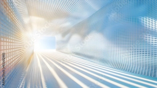 Fototapeta A bright and airy futuristic corridor with a grid pattern reflecting soft light creating a serene and inviting atmosphere that leads the viewer’s gaze toward a luminous exit in the distance.