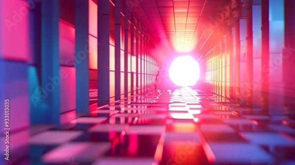 Fototapeta A mesmerizing futuristic corridor illuminated by vibrant pink and blue lights creating a stunning visual pathway that draws the viewer's eye toward a bright glowing exit at the end of the tunnel.