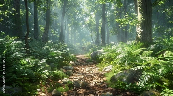 Fototapeta Forest path with sunlight filtering through trees, peaceful natural scene