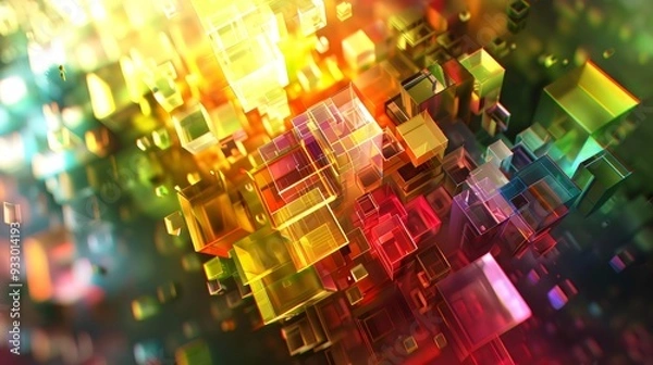 Fototapeta An abstract explosion of colorful transparent cubes floating in a vibrant space filled with radiant light, creating a dynamic visual experience that evokes a sense of depth and energy in a modern