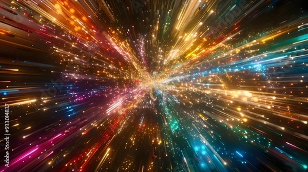 Fototapeta A vibrant and dynamic explosion of colorful light particles radiating outward in a mesmerizing display