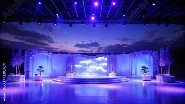 Fototapeta Empty stage with blue lights and white platform.