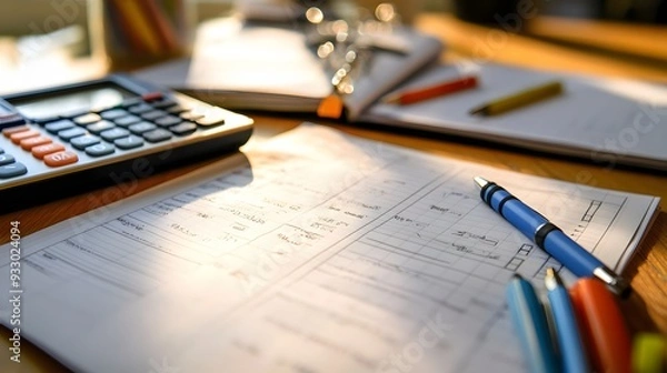 Fototapeta A close-up of an open budgeting planner with various financial tools like a calculator and pens, bright daylight coming from a window, detailed textures of the papers and tools, structured and