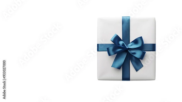 Fototapeta White gift box with blue ribbon top view isolated on white background