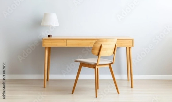 Fototapeta Elegant bamboo desk with a matching chair in a minimalist office, paired with potted plants and a natural color palette, sustainable office design, bamboo office furniture