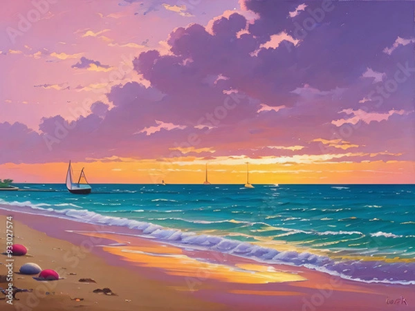 Obraz 幻想的な夕方の海に船が浮かんでいる