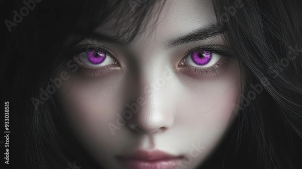 Fototapeta A captivating portrait of a young woman with striking purple eyes, conveying a mysterious and enchanting aura.