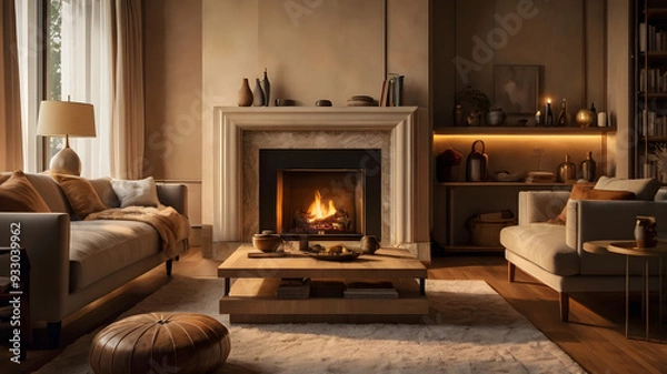 Fototapeta living room with fireplace, ai generated