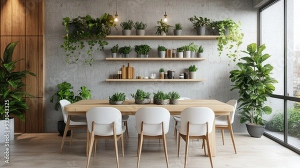 Fototapeta 3D rendering of a dining room interior design with a wooden table and