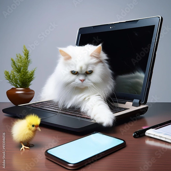 Obraz デスクトップに置いたノートパソコンで遊ぶ猫とひよこ
