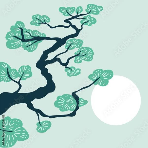 Fototapeta Traditional Chinese or Japanese pine tree with place for your text. Stylish card design. Vector pine illustration. Layouts for social networks, banners, posters. 