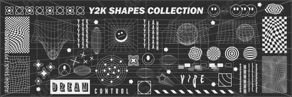 Fototapeta Abstract geometry hud wireframe shapes and patterns, cyberpunk elements, icon s and perspective grid s. Surreal geometric signs. Rave psychedelic futuristic Y2k acid aesthetic set. Vector illustration