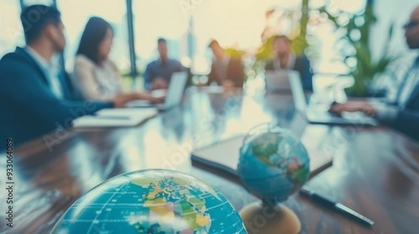 Obraz A close-up of a globe on a table, with a group of business people engaging in a meeting in a bright, modern office in the background, symbolizing global business connections.