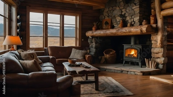 Fototapeta A cozy and rustic cabin interior, complete with a crackling fireplace and warm, earthy tones.
