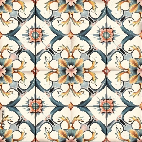 Fototapeta Old tiles with floral patterns and ornaments, seamless pattern