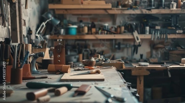 Fototapeta A cluttered workshop filled with various tools, materials, and projects in progress, showcasing a creative and industrious space where craftsmanship thrives.