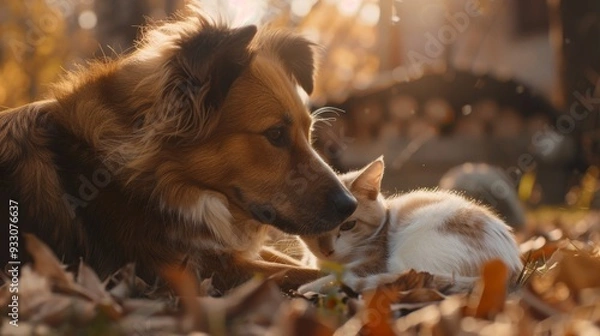 Fototapeta A dog and a cat share a tender moment amidst colorful autumn leaves, embodying a heartwarming display of friendship and tranquility.