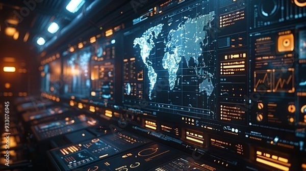 Fototapeta High-tech security operation center with multiple screens, cybersecurity, bathed in neon lights