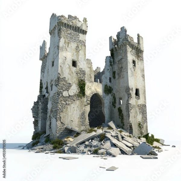 Fototapeta 3D Render of a ruined castle with broken walls and collapsed towers, on isolated white background