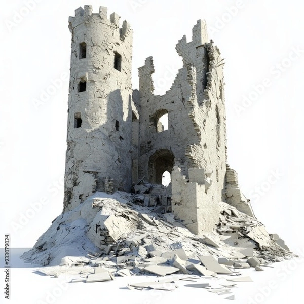 Fototapeta 3D Render of a ruined castle with broken walls and collapsed towers, on isolated white background