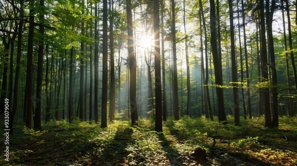 Fototapeta Sunlit Forest Serenity, a tranquil woodland scene where golden rays filter through lush foliage, creating a harmonious atmosphere of peace and natural beauty