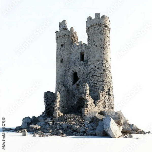 Fototapeta 3D Render of a ruined castle with broken walls and collapsed towers, on isolated white background